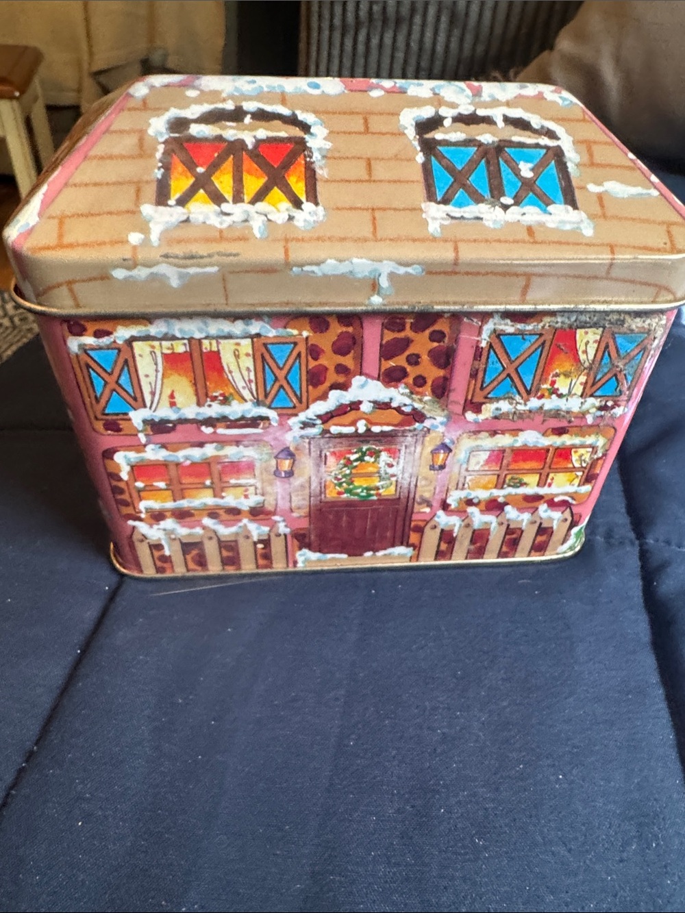 Decorative Holiday Tin Box - Festive House Design in Pink and Blue
